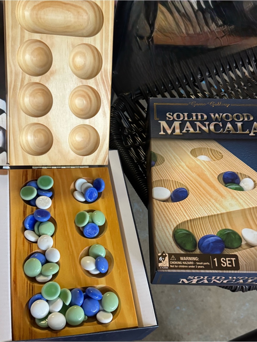 Gallery Solid Wood Mancala Game with Blue, Green & White Stones